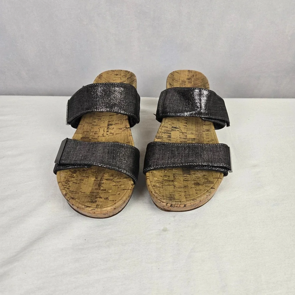 Vionic Pepper Foil Black Metallic Cork Wedge Platform Slide Sandals Womens 8